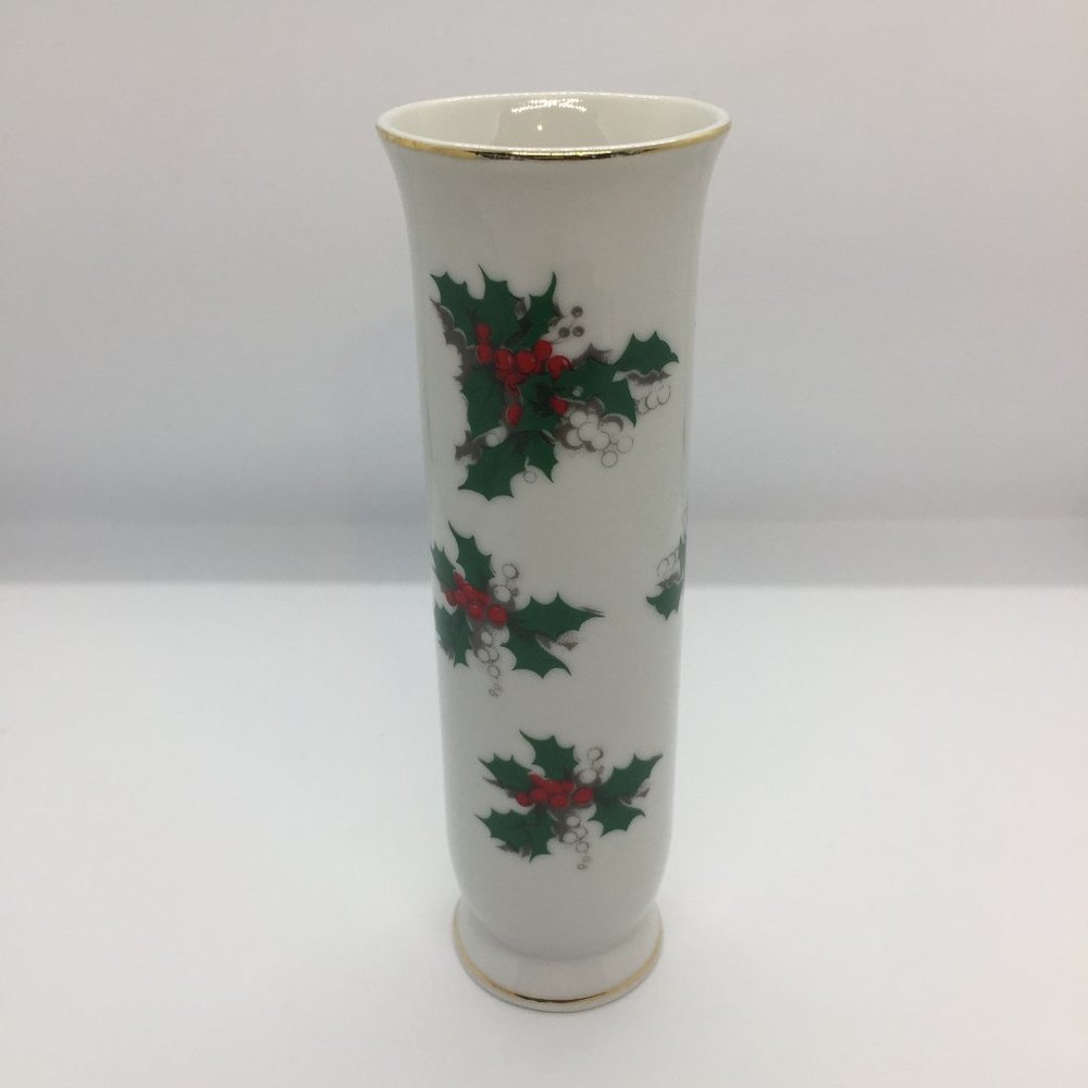 Vintage Lefton Christmas Holiday Holly Berry Slim Vase